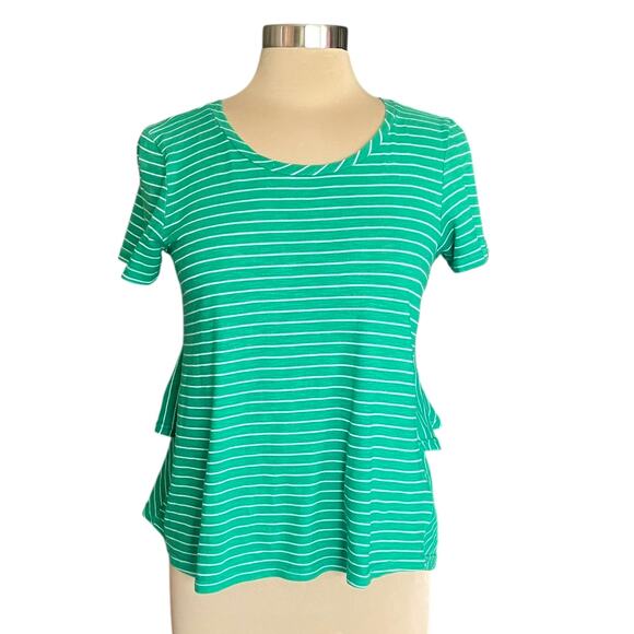 By Anthropogie Kelly Green White Stripe T-shirt Ruffled Back Sz SMALL Preppy - Picture 2 of 8